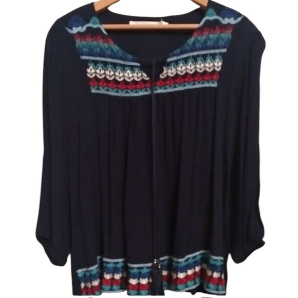 Solitaire Tops - Solitaire Women's Top Blouse Peasant Smock Navy Boho Embroidered Tassels Size L